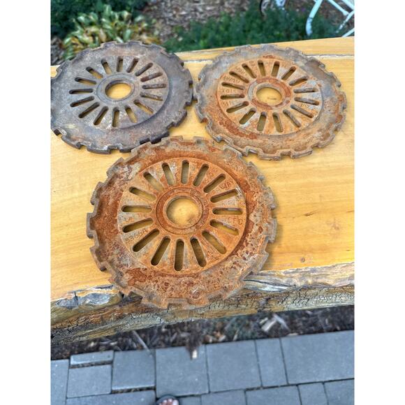 Vintage Seed Planter Plate Rings Cast Iron Rusty Decor set of 3 - Picture 1 of 3